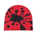 Red and black graffiti knitted beanie, stylish abstract jacquard warm winter hat. - One Size / Red Fireworks Pattern