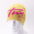 Yellow knitted beanie hat with pink front graphic and creative text design for autumn. - One Size / Type A Ginger