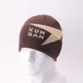 Brown knitted beanie hat with jacquard lettering and geometric triangle design for winter - One Size / Type B Coffee