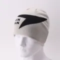 Beige knitted beanie hat with black lightning graphic and letter knit, stylish warm winter cap. - One Size / Type B Beige Gray