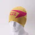 Yellow knitted beanie hat with pink triangle graphic and stylish letter pattern for autumn winter. - One Size / Type B Ginger