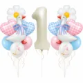 Cute goose theme 1st birthday balloon set with daisy and checkered heart foil balloons. - Cute White Goose Theme Balloon Set (Digit 1)