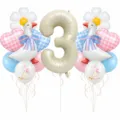 Cute goose theme birthday balloon set detail showing number 3, daisy and gingham heart balloons. - Cute White Goose Theme Balloon Set (Digit 3)