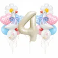 Cute white goose theme birthday balloon set with number 4 foil and daisy heart balloons. - Cute White Goose Theme Balloon Set (Digit 4)