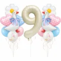 Set di pallonetti tema oca con numero 9 margherita e cuori a quadri per festa compleanno. - Set Palloncini Oca Bianca (Cifra 9)
