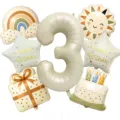 Ins retro boho birthday foil balloon set featuring number 3, rainbow, sun, and cake designs. - Number Three Set (BT-224)