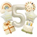Retro boho 5th birthday balloon set including rainbow, sun, and cake foil balloons for party. - Number Five Set (BT-224)