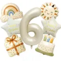 Ins vintage birthday balloon set with number 6, rainbow, sun, star, and cake foil balloons. - Number Six Set (BT-224)