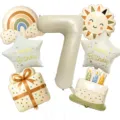 Detailed view of vintage birthday foil balloons set including number 7, rainbow, and cake designs. - Number Seven Set (BT-224)