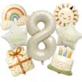 Retro birthday balloon set detail with number 8, rainbow cloud and cute sun foil balloons. - Number Eight Set (BT-224)