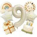Detailed view of the retro birthday balloon set featuring number 9, sun, rainbow and cake. - Number Nine Set (BT-224)