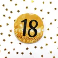 Gold 18th birthday badge detail shot, round metal button with black number design decor. - Number 18 Style (C) / Black & Gold