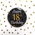 Black and gold 18th birthday tinplate badge detail shot, featuring elegant party design. - Happy 18th Birthday Art Style (D) / Black & Gold