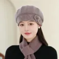 Ensemble beret écharpe tricotés chaud femme, bonnet doublé de velours épais et douillet pour hiver. - Couleur Avoine