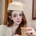 Chic wool pillbox hat for women elegant mesh veil beret vintage winter fashion headwear - Beige