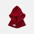 Red knitted balaclava winter warm fleece-lined hood hat with drawstring and button design. - One Size / Burgundy