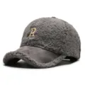 Winter women plush sherpa baseball cap with suede brim and embroidery R letter warm grey hat - Adjustable / Gray