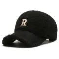 Black sherpa baseball cap for women, winter warm plush cap with embroidered R letter design. - Adjustable / Black