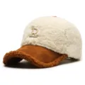 Fleece baseball cap for women autumn winter warm lambswool duckbill hat with letter embroidery - Adjustable / White and Brown