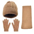 Ensemble bonnet écharpe et gants en tricot d'hiver couleur marron chaud et confortable - Khaki