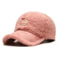 Pink Sherpa Baseball Cap Women Winter Warm Lamb Wool Visor Hat Embroidered Letter R - Adjustable / Pink