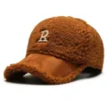Brown winter sherpa baseball cap for women, cozy fleece duck tongue hat with cute R embroidery. - Adjustable / Brown