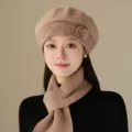 Ensemble bonnet beret et echarpe en tricot pour femme, chapeau chaud en laine doublee. - Chapeau / Kaki