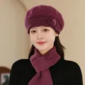 Ensemble bonnet et écharpe en tricot peluche épaissi, coiffure thermique d'hiver pour femmes âgées. - Violet