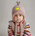 Leuke winter gebreide baby muts met oorkleppen, dik pluche cartoon ontwerp voor kinderen. - 7 Maanden-4 Jaar / Khaki Eend