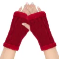 Red knit fingerless gloves with plush trim, warm winter arm warmers for women stylish daily wear. - One Size / Burgundy