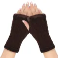 Brown plush trim knit fingerless gloves for women, cozy winter thermal hand warmer sleeves. - One Size / Coffee