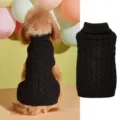 Close-up detail of black cable knit dog sweater, warm turtleneck pet apparel for small dogs. - XS / Tops / Black