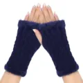 Close-up view of dark blue knit fingerless gloves with plush furry trim and diamond pattern. - One Size / Navy Blue