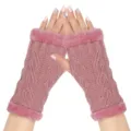 Detailed close-up of pink knit fingerless gloves with cozy faux fur trim and cable knit texture. - One Size / Dusky Pink
