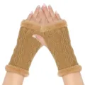 Cozy cable knit fingerless gloves with plush faux fur trim, warm winter arm warmers for women. - One Size / Khaki