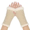 Beige knit fingerless gloves with faux fur trim, warm winter arm warmers for women. - One Size / Beige