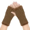 Brown cable knit fingerless gloves with plush cuff for winter warmth, stylish design. - One Size / Dark Khaki