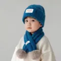 Ensemble bonnet et écharpe en tricot pour enfants hiver mignon bonnet bleu avec pompons - Ensemble Deux Pièces / Bleu
