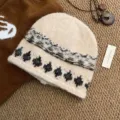 Beige πλεκτό σκουφί jacquard χειμωνιάτικο ζεστό ρετρό στυλ κορεάτικη μόδα μάλλινο καπέλο - Μπεζ