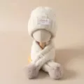 Enfants hiver chaud chapeau en tricot et echarpe ensemble mignon pompon peluche laine epaisse - Ensemble Deux Pièces / Blanc Cassé