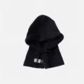 Black Knitted Balaclava Hooded Scarf Winter Warm Ear Flap Hat with Front Buttons - One Size / Black