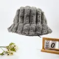 Grey Faux Fur Bucket Hat Winter Warm Plush Fisherman Cap Korean Style Casual Women Hat - One Size / Gray