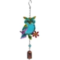Detailed shot of colorful glass owl wind chime, metal hanging garden decor ornament. - Style with Bells / Blue