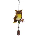 Handcrafted metal owl wind chime with stained glass, perfect for garden and home decor. - Style with Bells / Yellow