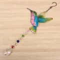 Metal hummingbird suncatcher detail, colorful crystal prism pendant for window and garden decor. - 5007 Hummingbird Blue (Crystal)