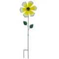 Metal flower garden stake closeup, yellow bloom and green stem detail for outdoor yard decor. - White