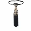 Pre-tied plaid tie with rhinestones, pearl chain and houndstooth pattern for stylish outfits. - Black
