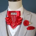 Mannen rode satijn vlinderdas broche pochet set voor formele kleding bruiloft accessoires - Helderrood 3-delige set
