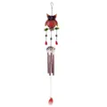 Detailed shot of the colorful metal glass owl wind chime hanging ornament for garden decor. - 2302 Red Aluminum Tube Style