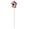 Pink metal birdhouse garden stake with heart cutout for outdoor potted plant decoration. - Pink House